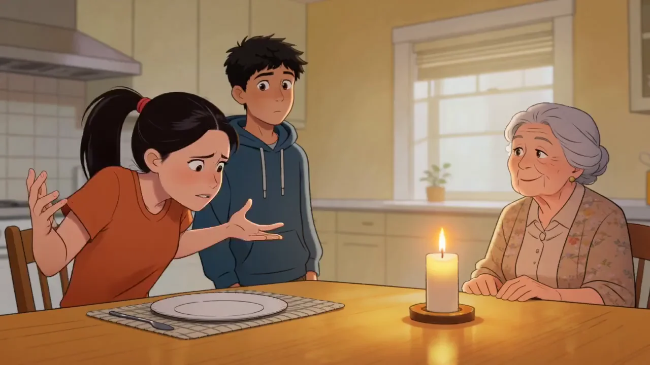 Expressive reactions bring an anime family kitchen scene to life.