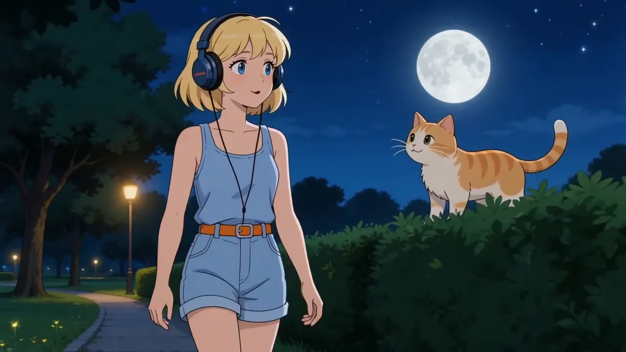 A moonlit walk with a cat unfolds into a warm neighborhood story.