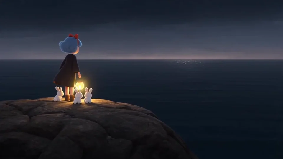 A blue-haired girl and her companions beneath a starry coastal sky