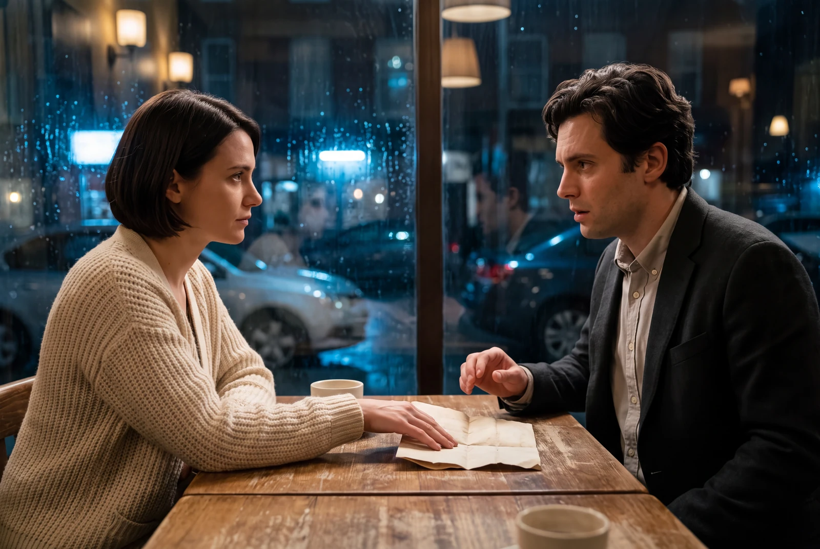 Cinematic live-action-style short-drama concept of two fictional adults exchanging an old letter in a café at night, with a surprised expression