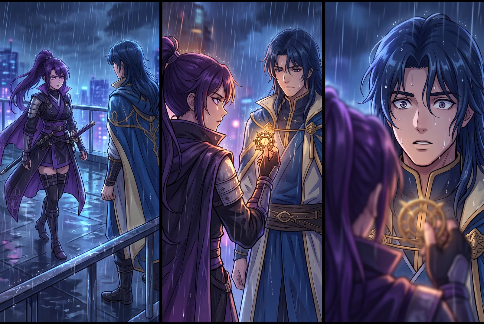 Three equal comic-drama frames of the same adult pair on a rainy rooftop: meeting, a keepsake reveal and a surprised reaction