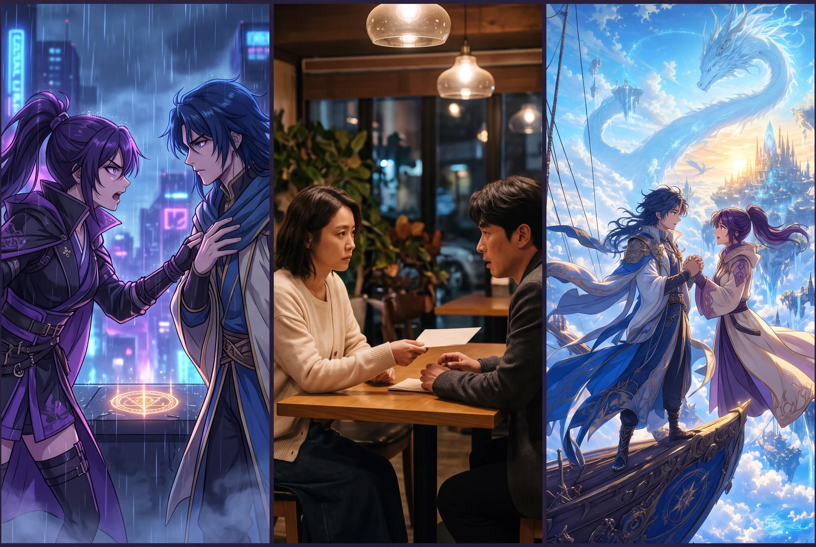Three coordinated drama concepts: an anime rooftop confrontation in rain, a live-action-style urban emotional scene and a bright fantasy reunion