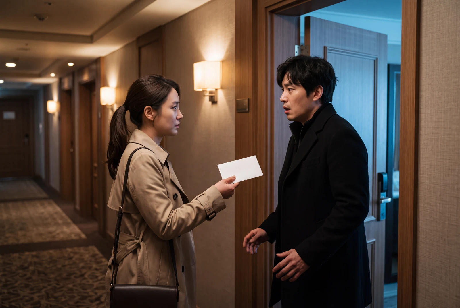 Vertical urban short-drama concept showing a female reporter facing a man in a black coat in a hotel corridor, with the same setting extended at both sides