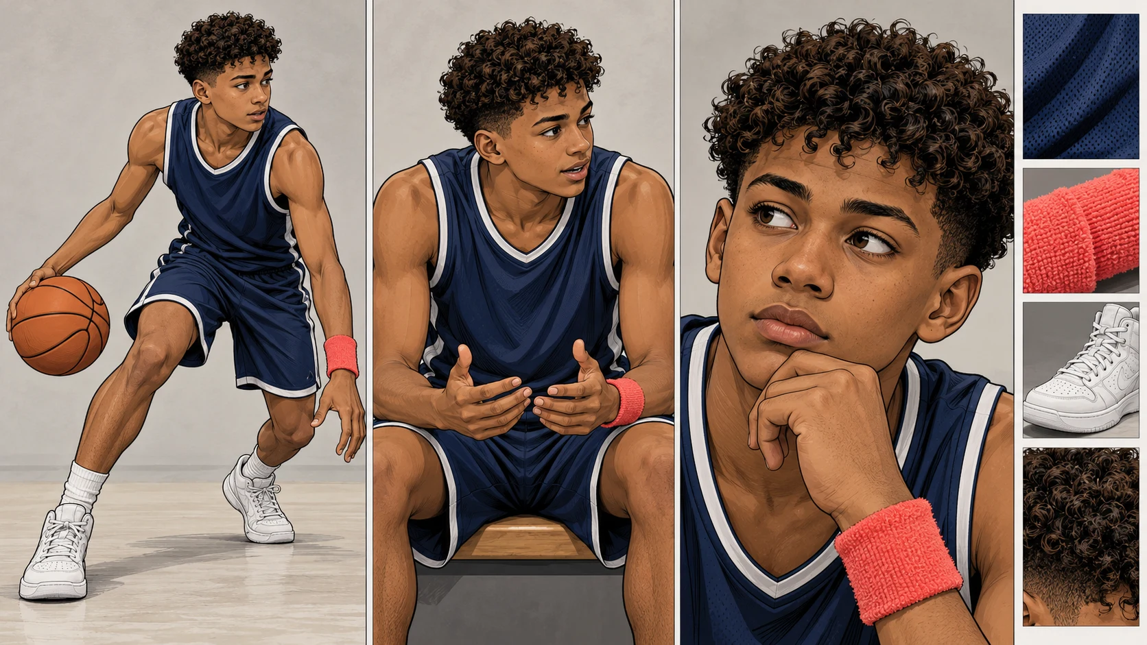 Teste de continuidade de personagem de basquete juvenil em três vistas com âncoras visuais fixas
