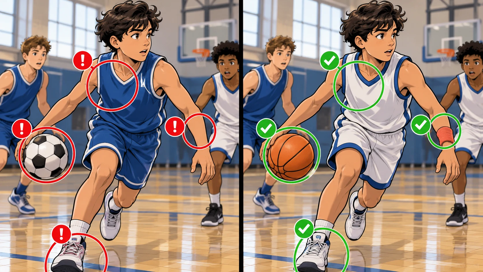 Teste de reparo de quadro de quadrinho de basquete juvenil antes e depois mostrando correções de continuidade de acessório e figurino