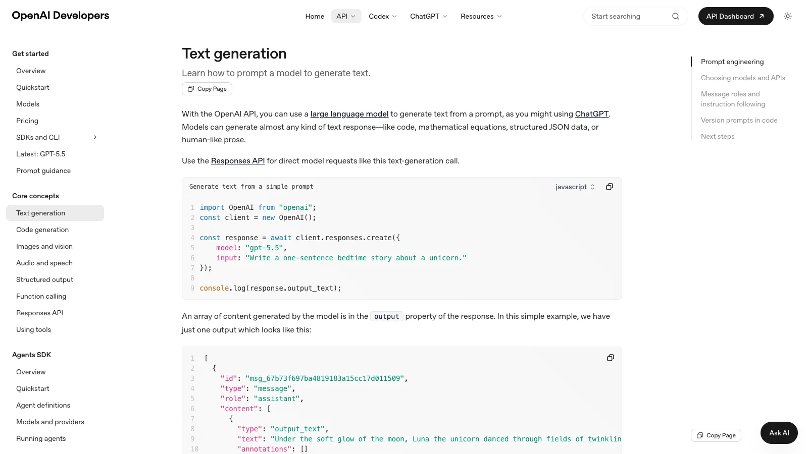 OpenAI text generation documentation screenshot