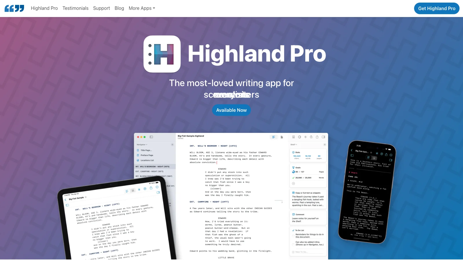 Highland 2 Fountain screenwriting screenshot