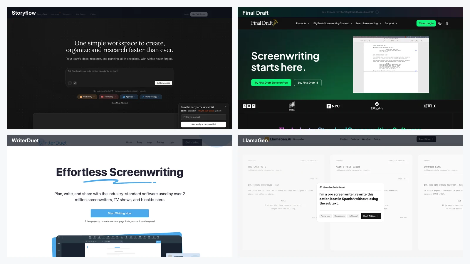 Best AI Tools for Screenwriters in 2026: 12 Writing Apps Compared, Plus LlamaGen for Visual Story Development