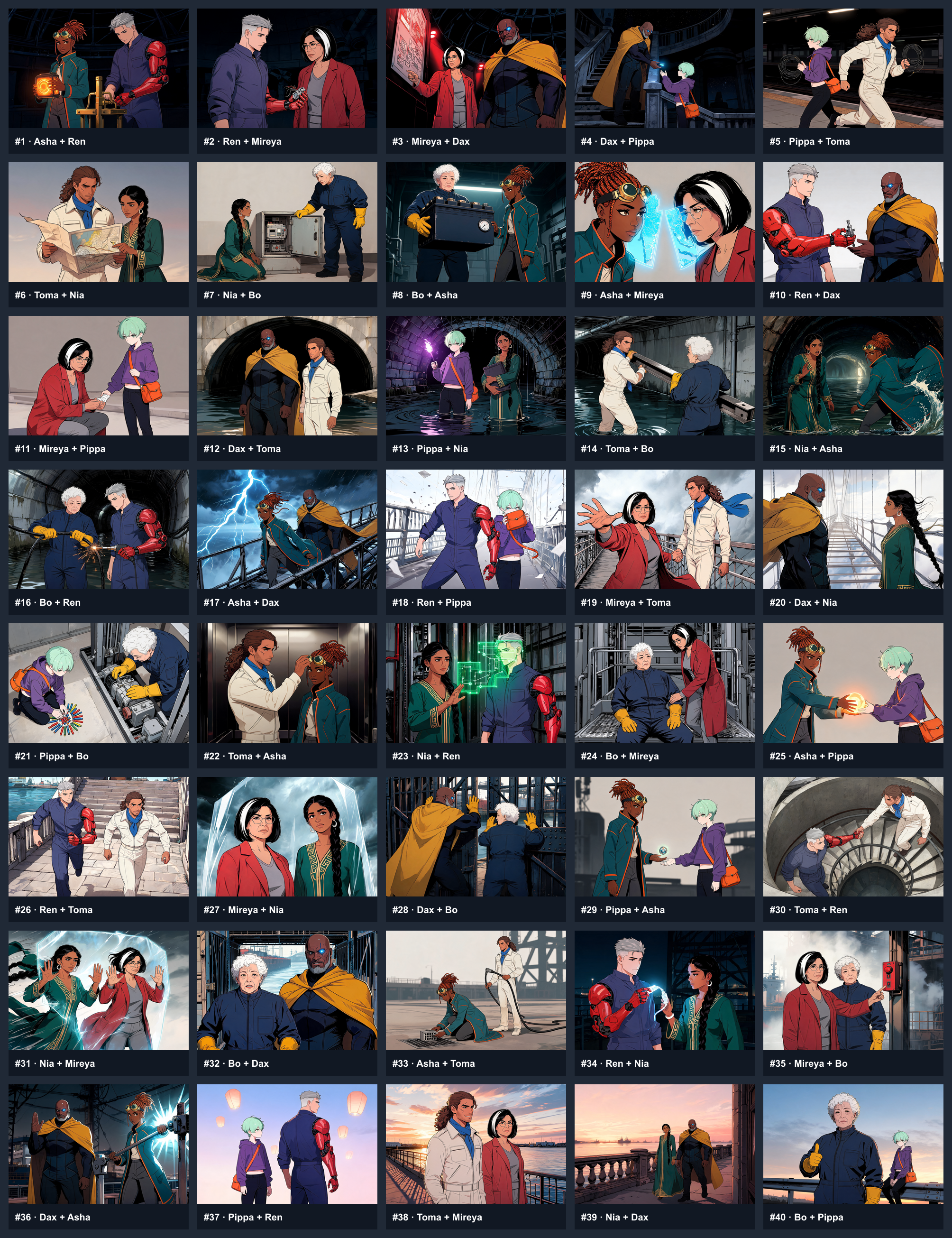 Full-resolution contact sheet showing forty reviewed panels with eight recurring original characters