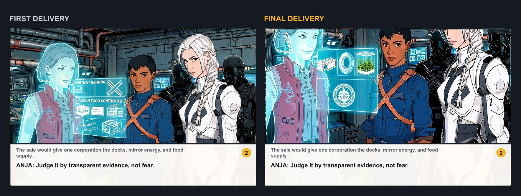 Original and final versions of page seven panel two shown side by side for a verified targeted comic revision