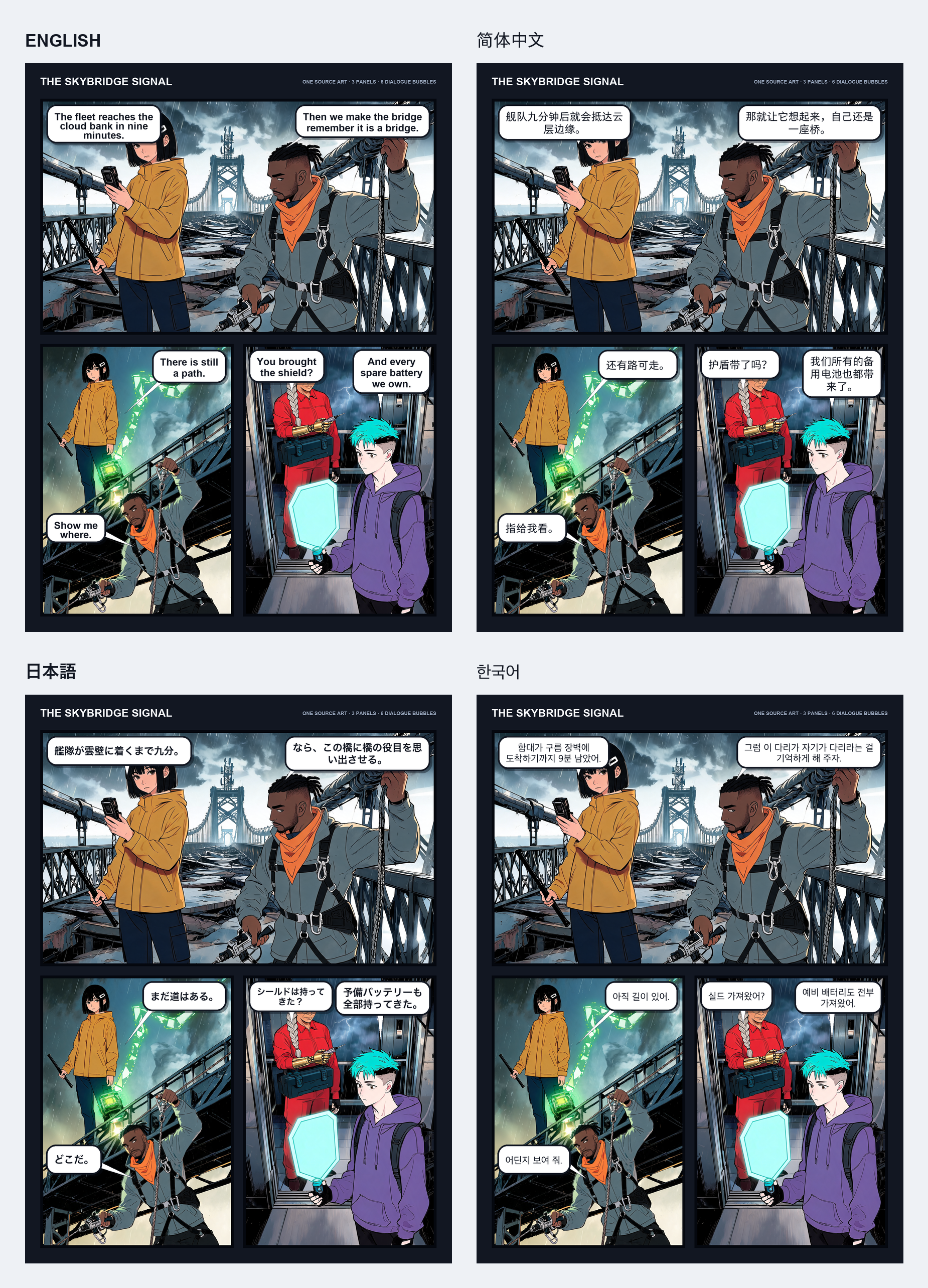 High-resolution comparison of the same three-panel comic with English, Simplified Chinese, Japanese, and Korean speech bubble layouts