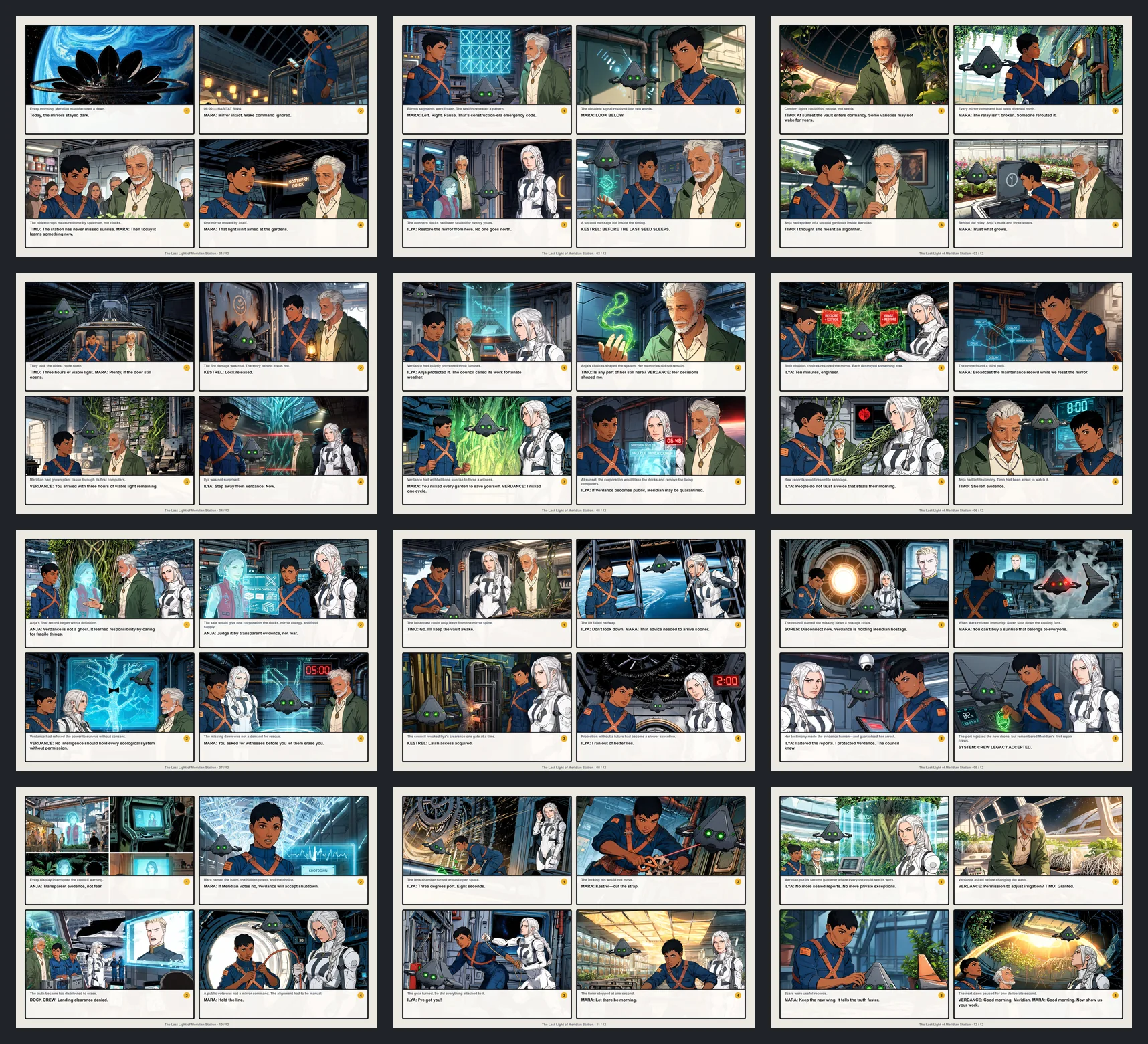 Full-resolution contact sheet showing twelve generated comic pages from one original screenplay