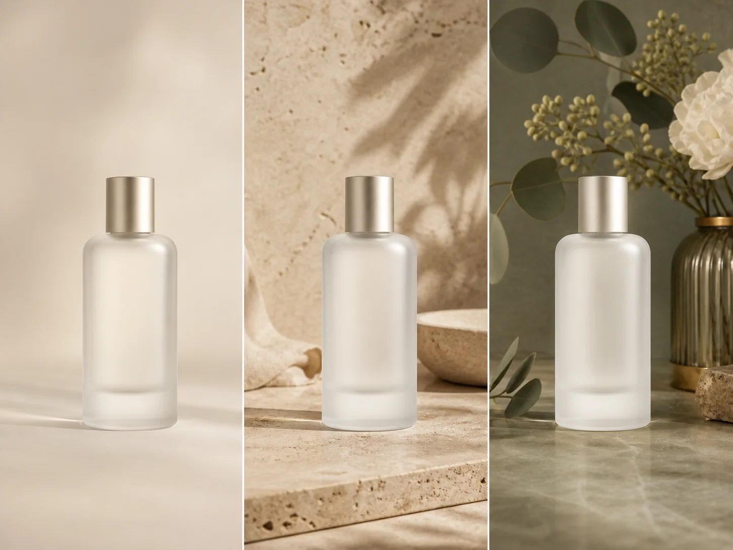Frasco de perfume sin marca mostrado sobre fondos limpios generados con IA