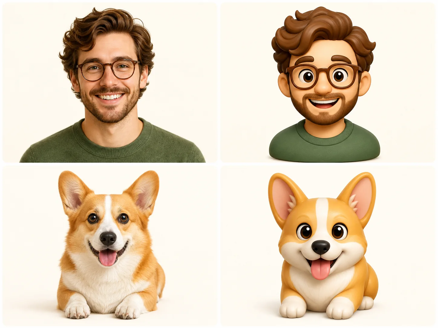Fictional synthetic person and pet shown beside original custom 3D emoji versions