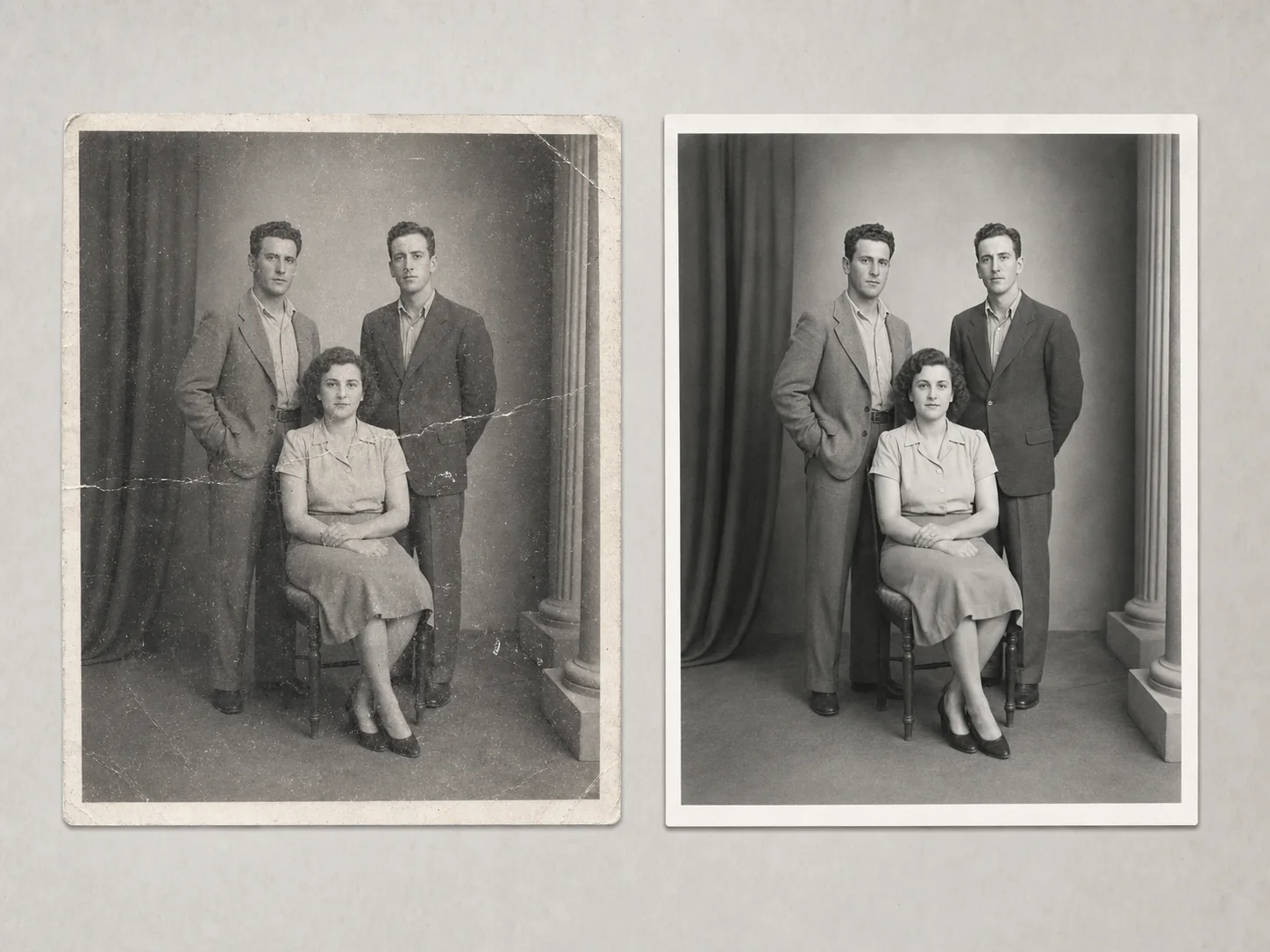 Fotografía familiar vintage ficticia mostrada antes y después de una restauración cuidadosa