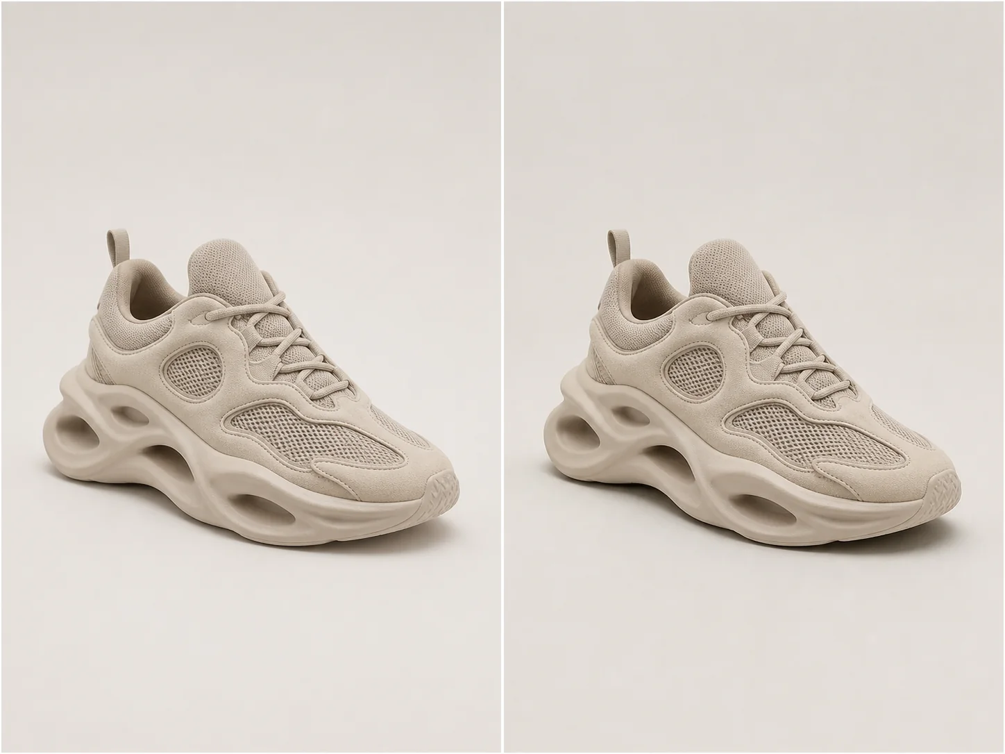 Unbranded sneaker shown before and after a realistic soft product shadow is added