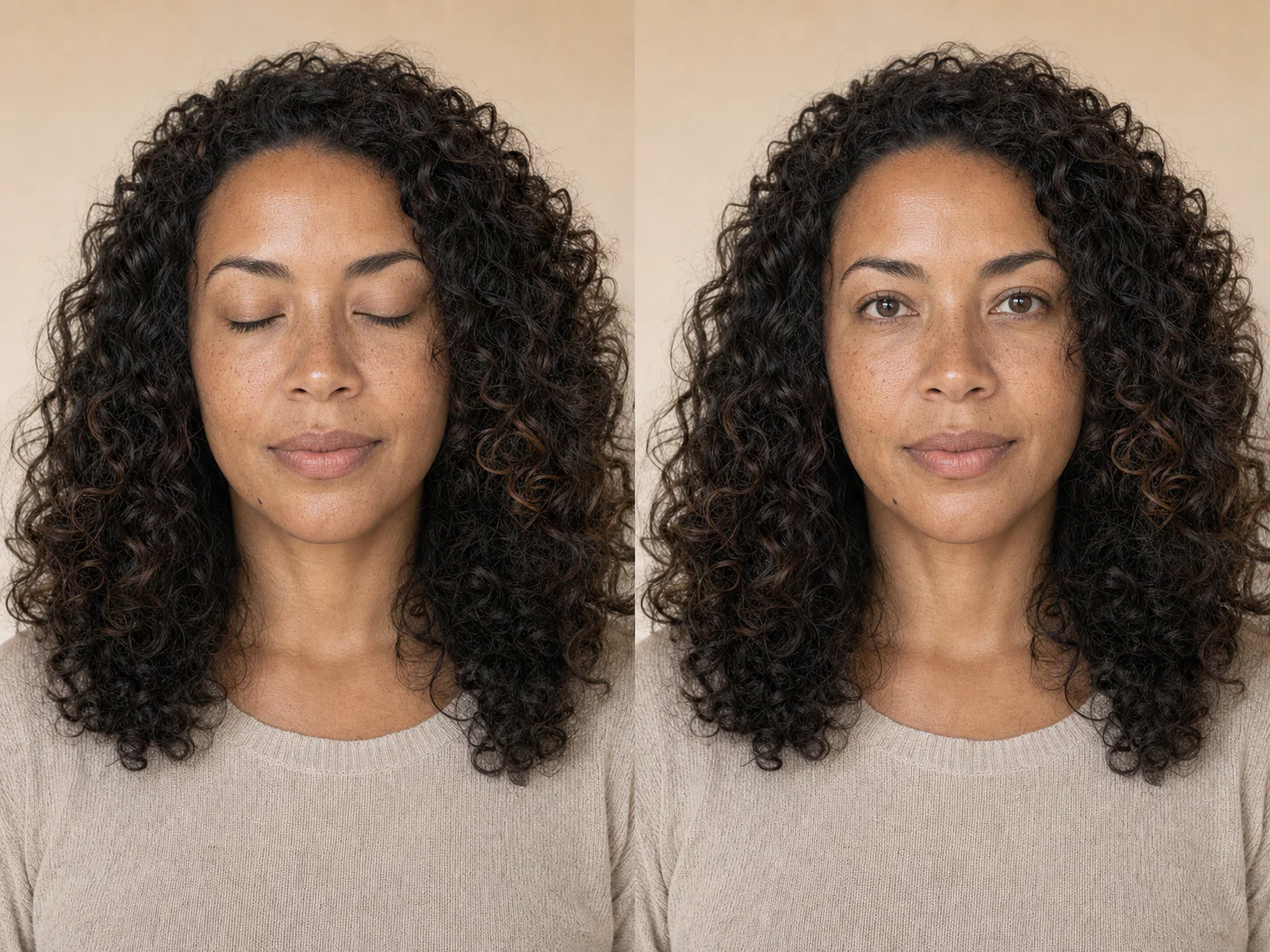 Retrato ficticio sintético mostrado antes y después de abrir de forma natural unos ojos cerrados