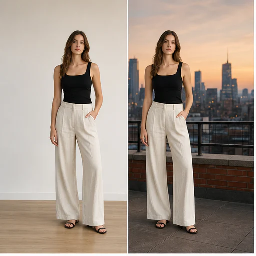 Modelo de moda en una azotea de la ciudad, mostrado antes y después de un reemplazo de fondo sin costuras