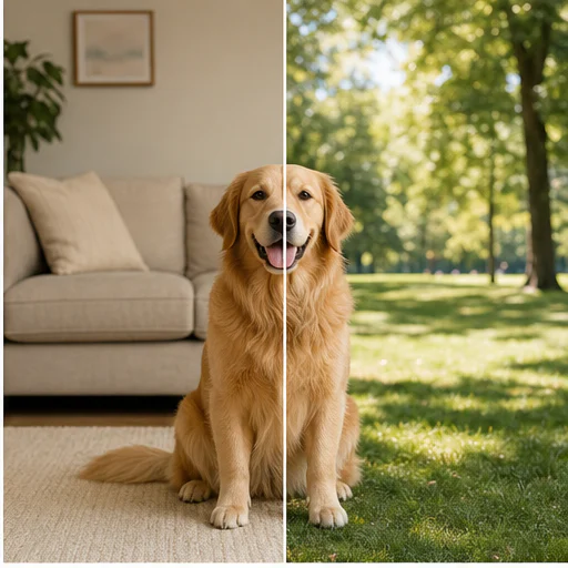 Golden retriever a parque soleado, mostrado antes y después de un reemplazo de fondo sin costuras