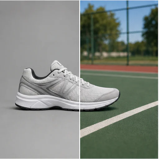 Tenis a cancha deportiva, mostrado antes y después de un cambio de fondo sin cortes