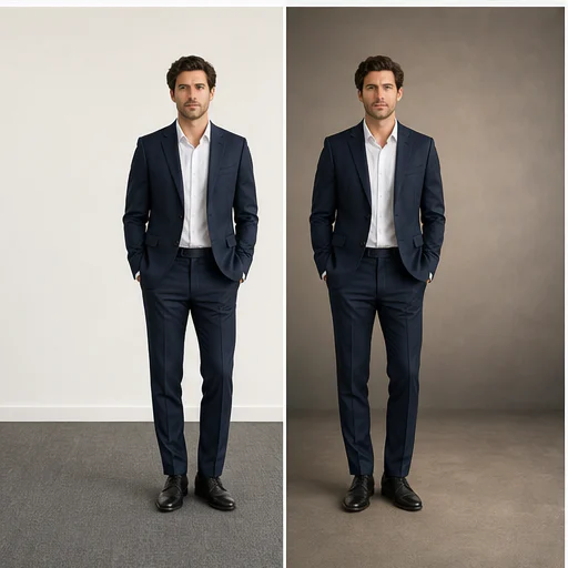 Retrato profesional a estudio, mostrado antes y después de un reemplazo de fondo sin cortes