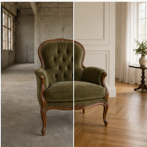 Silla vintage a apartamento elegante, mostrada antes y después de un reemplazo de fondo sin cortes