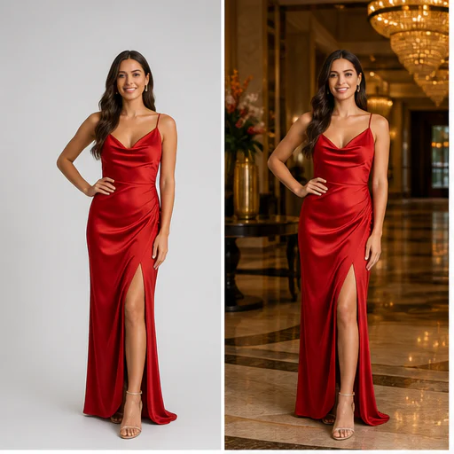 Vestido de noche a lobby de hotel, mostrado antes y después de un reemplazo de fondo sin costuras