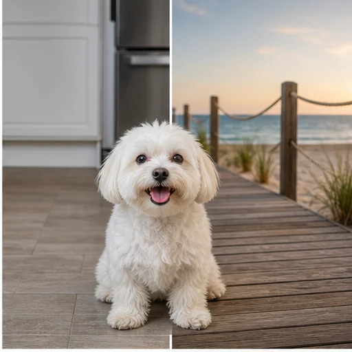 Perro pequeño hacia el malecón de la playa, mostrado antes y después de un cambio de fondo sin cortes