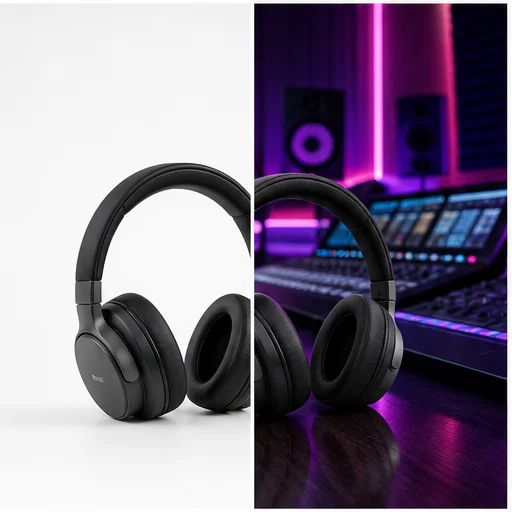 Audífonos a estudio de música, mostrados antes y después de un reemplazo de fondo sin costuras