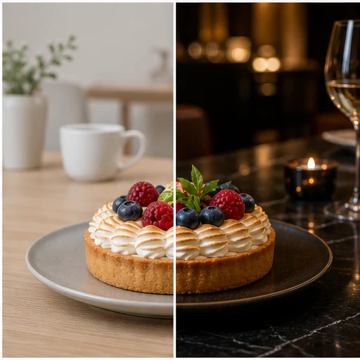 Pastelería a restaurante oscuro, mostrada antes y después de un reemplazo de fondo sin cortes