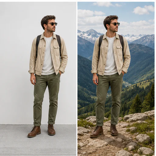 Viajero hacia mirador alpino, mostrado antes y después de un reemplazo de fondo sin cortes