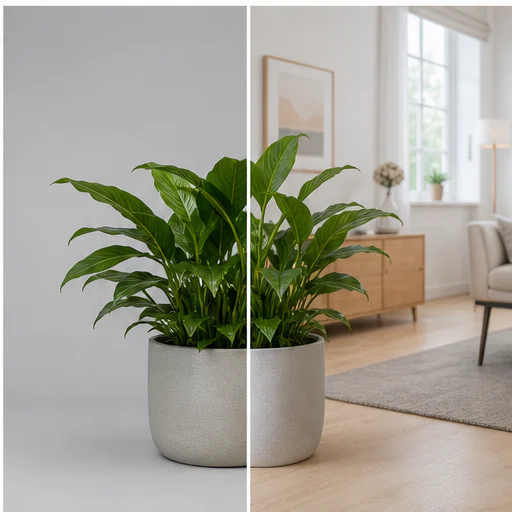 Planta de interior a interior escandinavo, mostrada antes y después de un reemplazo de fondo sin costuras