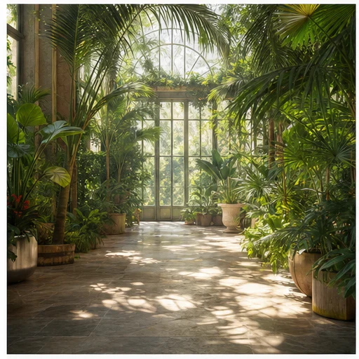 Invernadero botánico, mostrado como un fondo original generado con IA con espacio claro para el sujeto