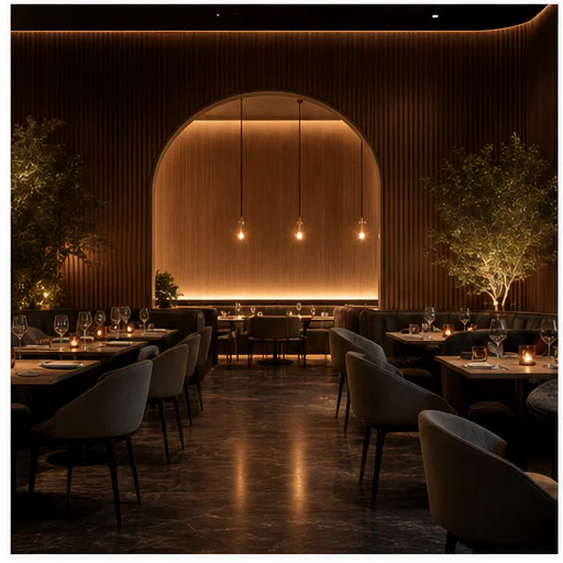 Interior oscuro de restaurante, mostrado como un fondo original generado por IA con espacio claro para el sujeto
