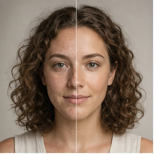 Piel natural con pecas, mostrada antes y después de un retoque de belleza sutil que preserva la identidad