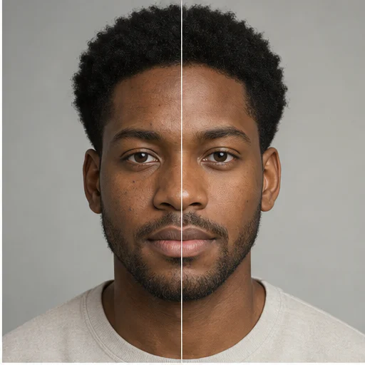 Tono de piel oscura equilibrado, mostrado antes y después de un retoque de belleza sutil que conserva la identidad