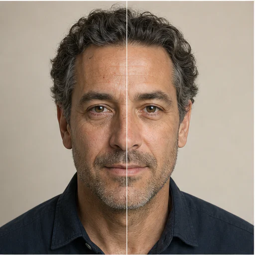 Textura de piel madura, mostrada antes y después de un retoque de belleza sutil que preserva la identidad
