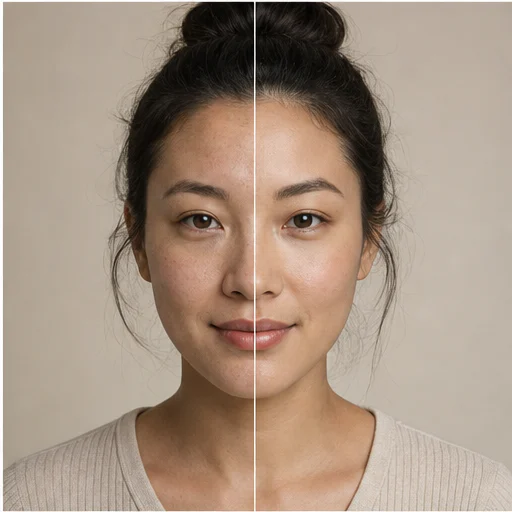 Retrato cotidiano suave, mostrado antes y después de un retoque de belleza sutil que conserva la identidad