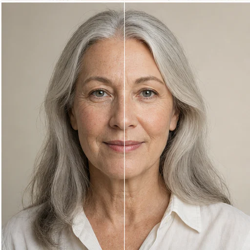 Retrato de cabello plateado, mostrado antes y después de un retoque sutil de belleza que conserva la identidad