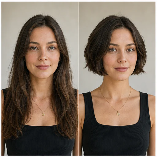 Short textured crop, shown as a synthetic before-and-after hairstyle preview