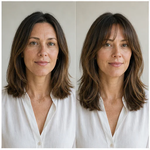 Long face-framing layers, shown as a synthetic before-and-after hairstyle preview