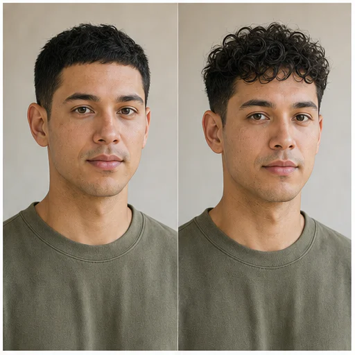 Natural curtain bangs, shown as a synthetic before-and-after hairstyle preview