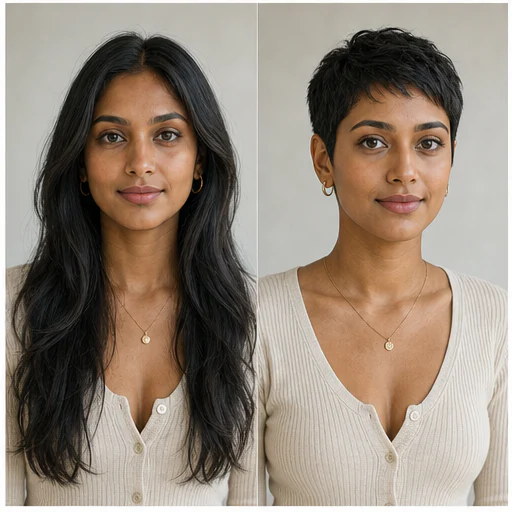 Defined soft curls, shown as a synthetic before-and-after hairstyle preview