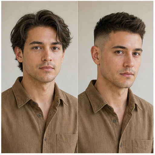 Polished sleek finish, shown as a synthetic before-and-after hairstyle preview