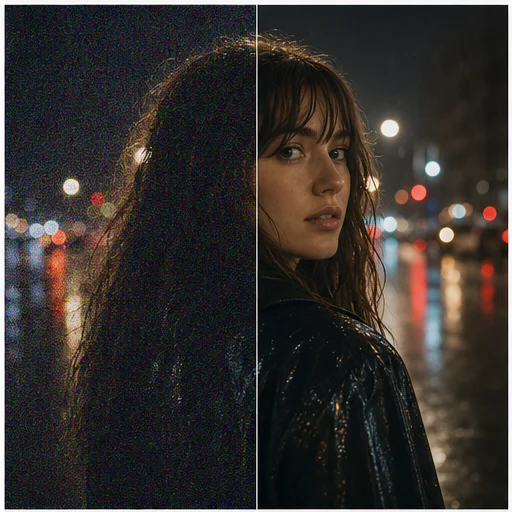 Rainy night portrait, shown with digital noise on the left and a clean natural result on the right
