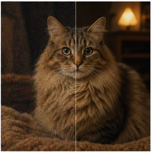 Low-light cat portrait, shown with digital noise on the left and a clean natural result on the right