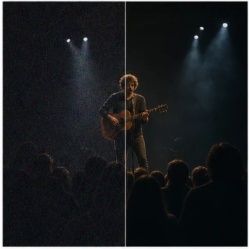 Dark stage performance, shown with digital noise on the left and a clean natural result on the right