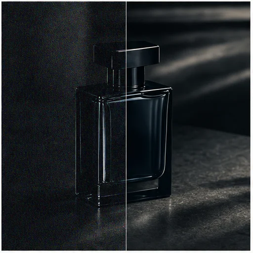 Black glass fragrance bottle, shown with digital noise on the left and a clean natural result on the right