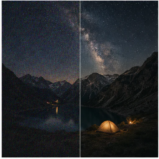 Starry mountain landscape, shown with digital noise on the left and a clean natural result on the right