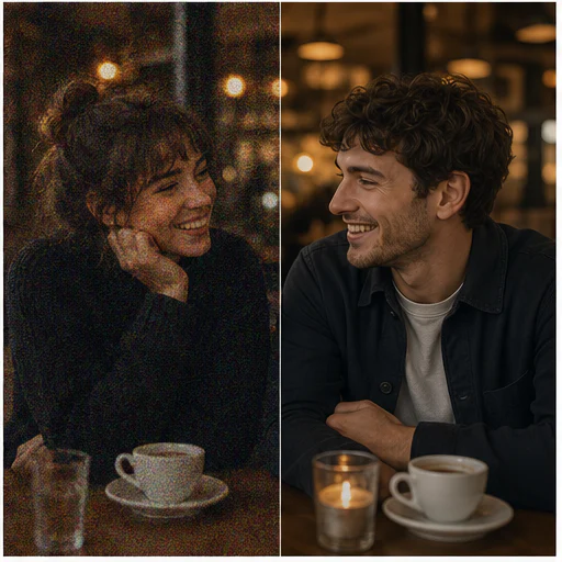 Dim café portrait, shown with digital noise on the left and a clean natural result on the right